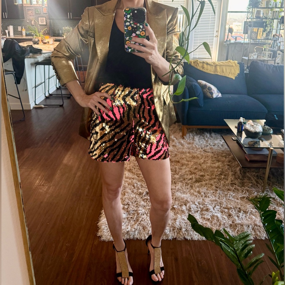 NWT Nadine Merabi Color Shifting Tiger Print Sequin Shorts, Small